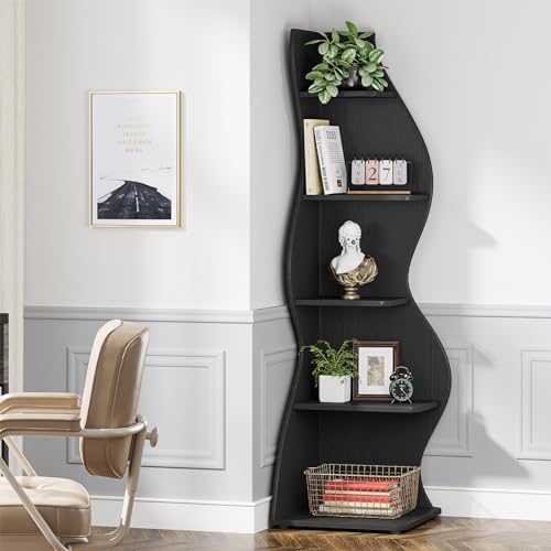 Image of Tribesigns Corner Shelf, Modern 5-Tier Wall Corner Bookshelf, Stylish Corner Small Bookcase Storage Rack Plant Stand with Unique Shape for Living Room, Home Office, (2PCS, Black)