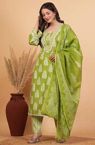 Image of Amayra Women's Pure Cotton Straight Kurta Set with Palazzo Pants & Dupatta|Ethnic wear|Kurta Set for Women