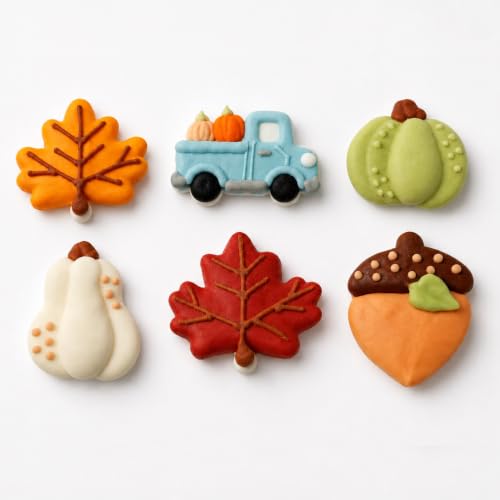 Global Sugar Art 18 Ct Edible Fall Cake Decorations, Autumn Harvest Set | Edible royal icing fall cake decorations - pumpkin, maple leaf and acorn designs for autumn desserts