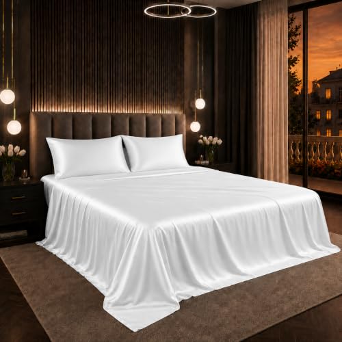 Image of Cloth Fusion Flat Satin Bedsheet Double Size 90x100 inch | White, 2 Pillow Covers, 300 TC, Glossy Finish, Smooth on Hair and Skin, Gift for Couples, Wedding & Anniversary