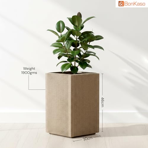 Image of BonKaso 18 Inch Rolex Tower Planter for Indoor & Outdoor Use | Tall Square Heavy Duty Polymer Flower Pot | Weather Resistant Modern Planter for Living Room, Balcony, Terrace & Office Decor (Beige)