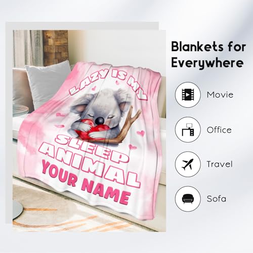 Custom Koala Blanket, Cute Soft Throw Gifts for Women, Cozy Flannel Throw Blankets for Bed Living Room, Pink 60"x80"