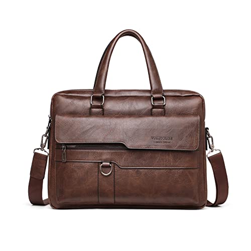 Men Briefcase Messenger Bag PU Leather Tote Handbag fit 12.9 inch Laptop Shoulder Pack for Work Professional Satchel Business Office Travel Crossbody Bags Dark Brown