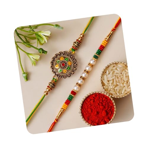 Image of eCraftIndia Set of 2 Yellow, White & Maroon Designer Diamond Rakhis with Roli Chawal Pack