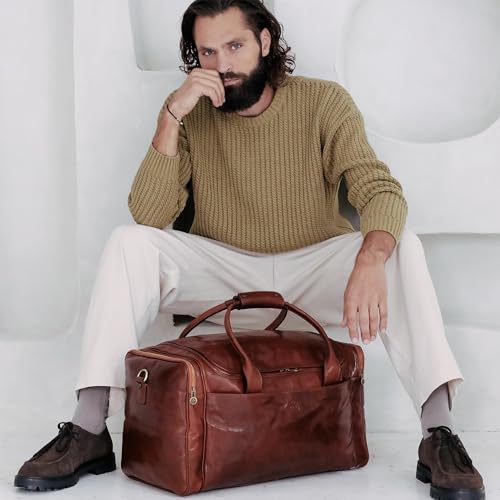 Image of Time Resistance Leather Duffel Bag - Large Weekend Gym Travel Bag (Cognac Brown)