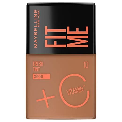 Maybelline NY Fit Me Fresh Tint Base Líquida, Proporciona Efeito Glow Natural, Controla a Oleosidade e Uniformiza a Pele com Vitamina C e FPS 50, Cor 10, 30ml