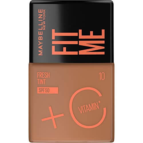 Maybelline NY Fit Me Fresh Tint Base Líquida, Proporciona Efeito Glow Natural, Controla a Oleosidade e Uniformiza a Pele com Vitamina C e FPS 50, Cor 10, 30ml