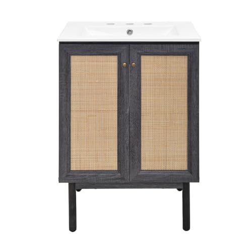 Image of Swiss Madison Classe 24 in. Black Oak Bathroom Vanity with White, 3-Hole Ceramic Sink Top