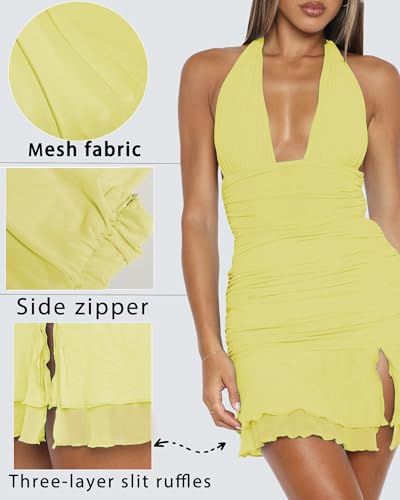 Image of Women's Summer Halter Dresses Sexy V Neck Backless Side Slit Ruched Waist Ruffle Cocktail Party Mesh Bodycon Mini Dress