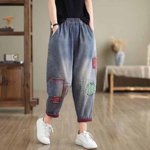Women Retro Embroidered Loose Jeans Casual Ripped Jeans Harem Pants3