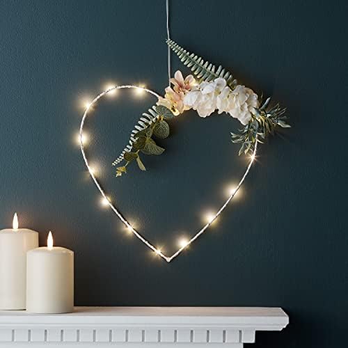 Lights4fun Indoor Light Up Heart Hanging Wreath Decoration 16 Warm White LEDs Battery Operated with Timer