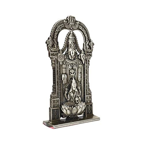 Image of anciently Tirupati Balaji Idol with Lakshmi for Car Dashboard | Venkateswara Idol with Lakshmi for Car Dashboard, Metal, 1 Piece (Silver Colour)