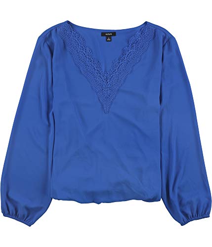 Alfani Womens Lace-Trim Pullover Blouse, Blue, Large