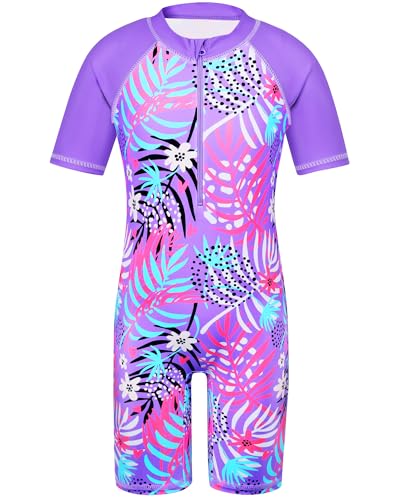 Image of TFJH E Short Sleeve Girls Swimsuits UV 50+ One Pieces Zipper 2-14Y | From beach vacations and pool parties to cruises and water parks, this colorful floral swimsuit is her summer favorite