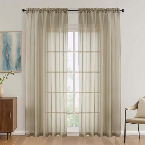 Image of OVZME Taupe Sheer Curtains 84 Inches Long 2 Panels Set, Light Filtering Sheer Curtains for Living Room Bedroom 59 Inch Extra Wide, Modern Voile Filmy Rod Pocket Window Drapes, 59Wx84L Inches