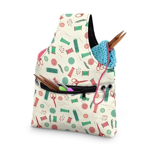 Image of KUIFORTI Yarn Bag Portable Crochet Tote Bag Small Canvas Wrist Bag for Crochet and Knitting On The Go, Cute Sewing Print Project Bag Holds Supplies and Needles or Hooks, Easy to Carry