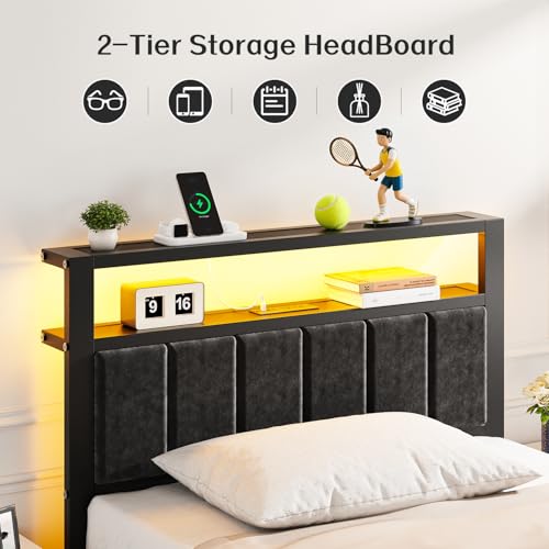 Image of OLEVS Twin Bed Frame with LED Lights & USB Outlets, Platform Twin Bed with Storage Headboard, No Box Spring Needed, Easy Assembly