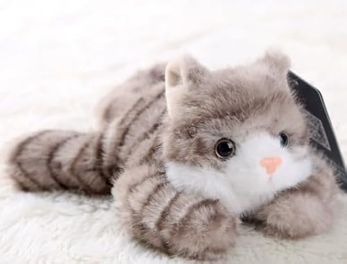 FOPSDGN Realistic Cats Grey Tabby Cat Stuffed Animals Cuddly Toy, Microwavable Stuffed Animal Adorable Fluffy Plush for Warmth & Comfort, Cute Soft Plush Cat Gifts for Kids & Adults