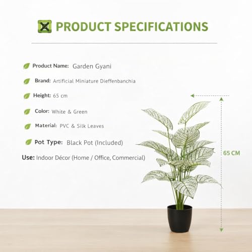 Image of Artificial White Dieffenbachia Plant with Black Pot - 65 cm Tall Faux Tropical Decorative Plant for Home, Office, Balcony & Living Room Decor