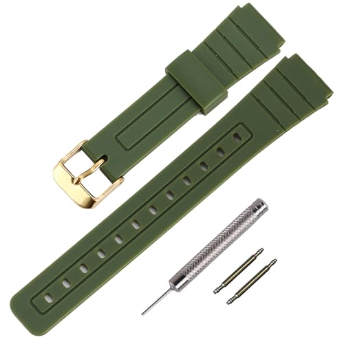 TPU製ウォッチストラップの交換用 Casio F-91W/F-84/F-94/F-105/F-108/A-158用バンド(男性・女性兼用) (ArmyGreen/Gold Buckle)