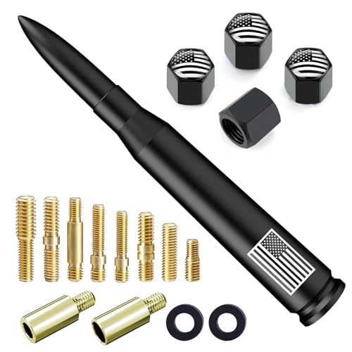 Image of Car Truck Bullet Antenna with Tire Valve Caps American Flag Universal Short Replacement for GMC Sierra Chevy Silverado Dodge Ram 1500 2500 3500 Ford F150 F250 F350 Super Duty Accessories, Matte Black