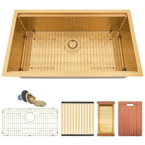 Image of 33 inch Gold Sink,Undermount Single Bowl Kitchen Sinks,16 Gauge Stainless Steel Workstation Kitchen Sink (Gold, 33 X 18 inch)