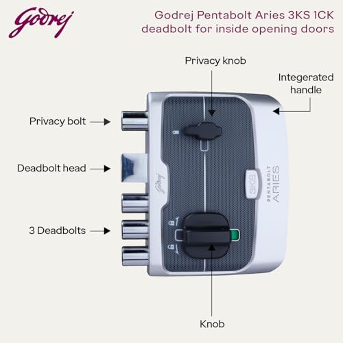 Image of Godrej Rim Lock I Pentabolt Aries 3KS I 5 Bolts I 1CK Deadbolt I for Inside Opening Door l Left /Right Handed Doors I 4 Keys I 15-Year Warranty I Manual Locking I Roman Silver Finish