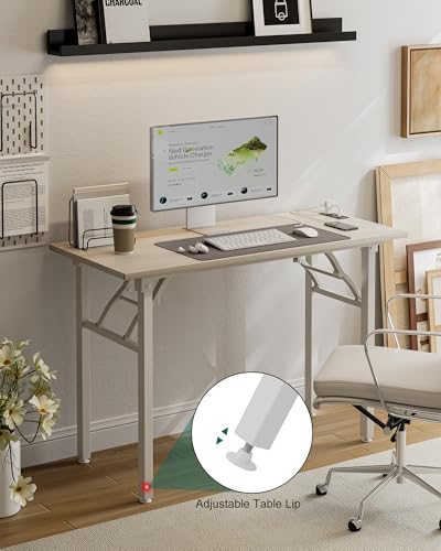 Image of Frylr Small Folding Computer Desk - 43.3 Inch Portable Table for Craft and Study, Lightweight Desk for Small Spaces, Foldable Laptop Table Built-in AC /USB Outlets for Convenience, White Ash