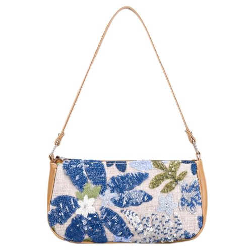 Women's Floral Embroidery Purse Sequin Beaded Shoulder Bag Summer Beach Party Purses Sparkly Underarm Bags