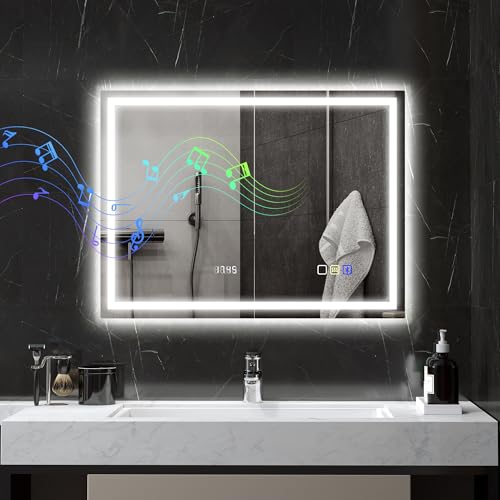 HOMCOM Miroir Salle de Bain Bluetooth avec éclairage LED 60 x 80 cm, Miroir Lumineux Salle de Bain Mural avec Interrupteur Tactile, lumière réglable 3 Couleurs,...