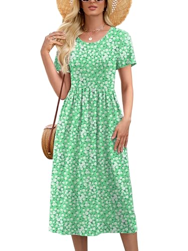 Image of Heymoments Women's Casual Short Sleeve Midi Dress Crewneck A Line Tiered Flowy Loose Travel Long Dresses with Pockets