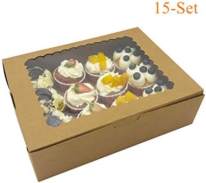 15-Set Cupcake Boxes Holds 12 Standard Cupcakes, Brown Cupcake Carrier, Cupcake Containers, Food Grade Kraft Cupcake Holders for Cookies, Bakeries, Muffins and Pastries