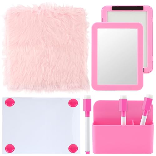 Zenquark 11Pcs Locker Set with Fur Rug Carpet, Magnetic Whiteboard Mirror, Marker and Dry Erase Marker Holder Locker Accessories Set Decoration for Office Lockers (Pink)