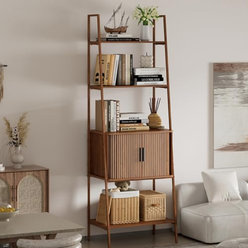 Image of LUVIOHOME 4 Tier Bookshelf with Drawer,Tall Narrow Bookcase with Shelves, Wood and Metal Bookshelves Storage Organizer,Industrial Display Standing for Living Room, Home Office, Entryway (Walnut)