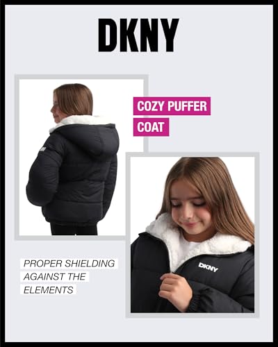 Image of DKNY Girls' Reversible Puffer Jacket - Quilted Bubble to Sherpa Hooded Winter Coat - Warm Outerwear Jackets for Girls (7-16)