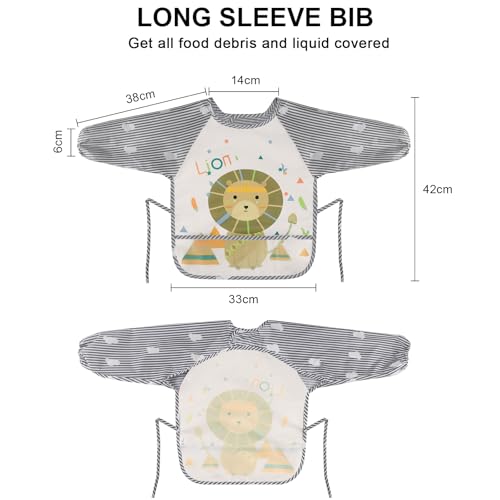 Long Sleeve Baby Bibs, Waterproof Sleeved Bib Smock for Baby Toddler 6-36 Months,Reusable with Catch-all Pocket (Lion)