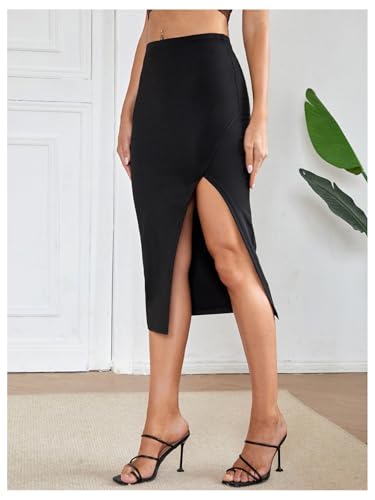 Women High Waisted Bodycon Skirt Split Thigh Dressy Midi Pencil Skirts