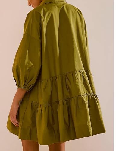 Image of HangNiFang Women's Summer Babydoll Mini Dress Flowy Puff Sleeve Tiered Button Down Oversized Tunic Dress with Pockets
