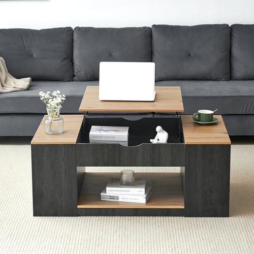 BNUZ Mesa de centro con función de elevación 43 x 59,7 x 109,5 cm, estructura gris, diseño elegante, espacio debajo de la mesa, gris+marrón