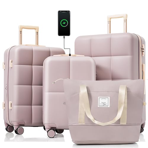 Durable 4-Piece Luggage Set with USB Port - Expandable ABS Hard Shell Suitcase with Travel Bag and Cup Holder - Rosy Brown