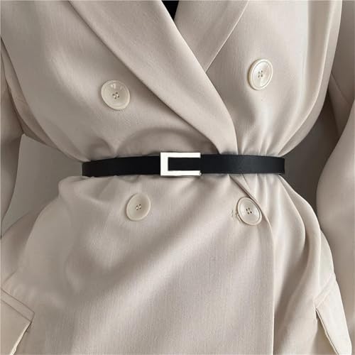 Decorative Belt Women Thin Belt Black Gold Silver Metal Buckle Belt PU Casual Leather Waist Belt Trouser Dress Decoration Waistband for Country Concert Outfit(Black silver button)4