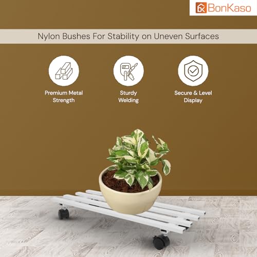 Image of BonKaso Rectangular Metal Plant Stand (Set of 2) with Wheels for Indoor & Outdoor Use (60x 22.9 x7.6 Cm) | Heavy Duty Flower Pot Holder | Holds Up to 100kg | Corner Plant Rack for Heavy Plants - White