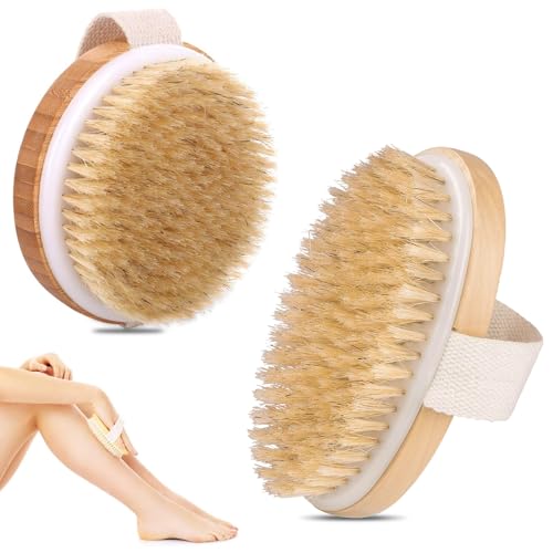 VireEyU Set de Brosses Corporelles en Bois de Bambou - 2 Pièces, Brosse Sèche et de Massage avec Poils Naturels pour Exfoliation du Corps, Amélioration de la Circulation Sanguine.