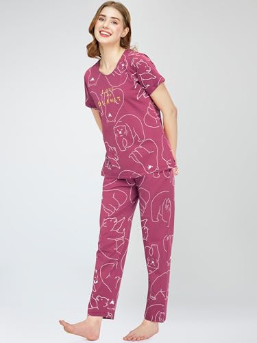 Image of ZEYO Night Suit for Women's Polar Bear Printed Cotton Night Dress of Top and Pajama Set 5776