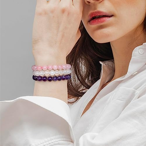 Risyfjew 3 PCS Healing Crystal Bracelets for Women 8mm Natural Stone Beaded Stretch Chakra Bracelets Amethyst Jewelry Gifts