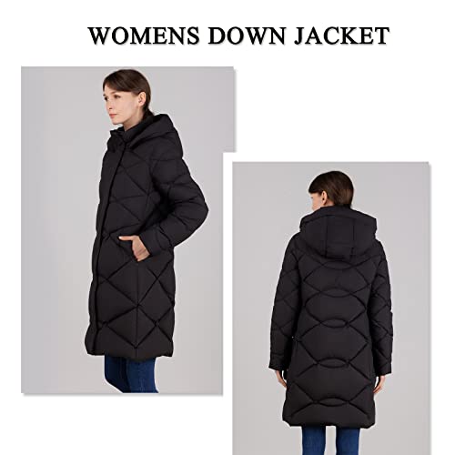 Idomosee Women's Hooded Down Jacket Zip-Up Quilted Long Puffer Down Coat Winter Packable Down Parka Black3 Xl #TOP1