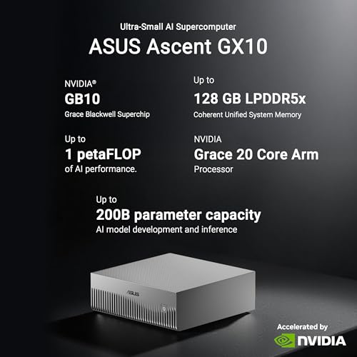 Image of ASUS Ascent GX10 AI Supercomputer, DGX Spark, NVIDIA GB10 Superchip, 128GB LPDDR5x, 4TB PCIe Gen5 NVMe SSD, Wi-Fi 7 & BT5.4, Agentic AI Ready, Supports OpenClaw, NemoClaw, Stackable Chassis