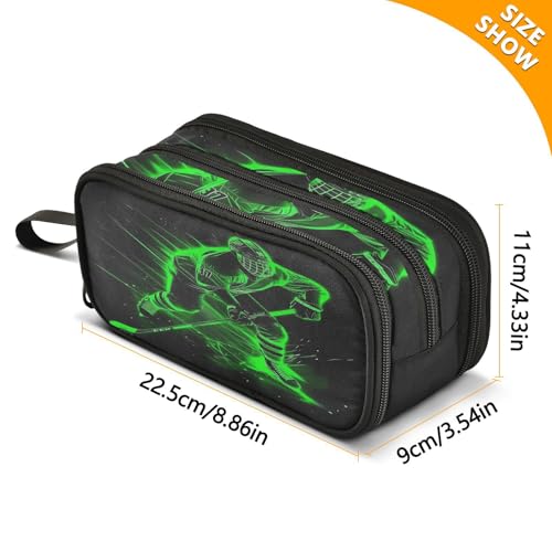 Image of Green Hockey Player Pencil Case Large Capacity Pencil Pouch Boys Girls 3 Compartment Pen Bag School Office Stationery Organizer