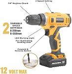 MasterSpec 47Pcs 12V Cordless Drill Driver & Household Hand Tool Kit with 2 x 1500mAh Batteries, Carry Case, 3/8" Keyless Chuck, 18+1 Torque & 2-Speed, LED Work Light for Home DIY, Furniture Assembly