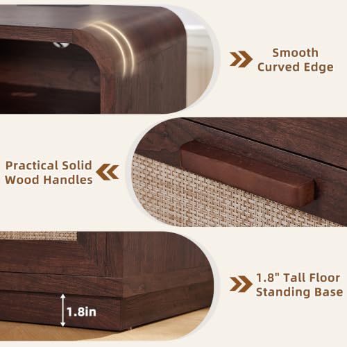 Image of LEYAOYAO Rattan Nightstands Set of 2 with Charging Station, Walnut | 23.6 inch Curved 2 Drawers Nightstand with Storage Shelf & Solid Handle, Boho Bedside Tables for Bedroom, Living Room